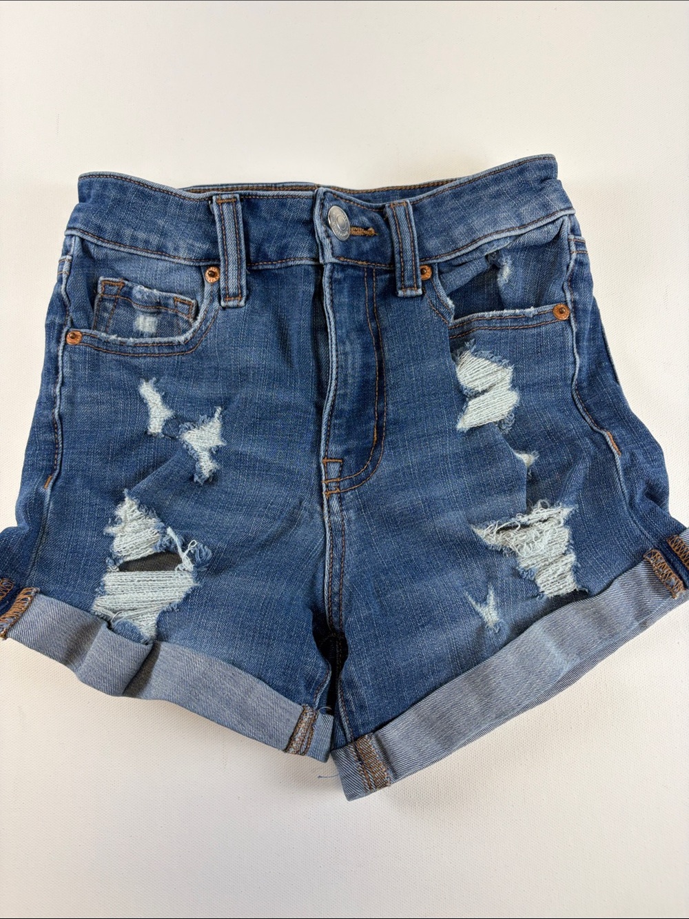 AEROPOSTALE SUPER HIGH RISE MIDI DISTRESSED DENIM SHORTS SIZE 0